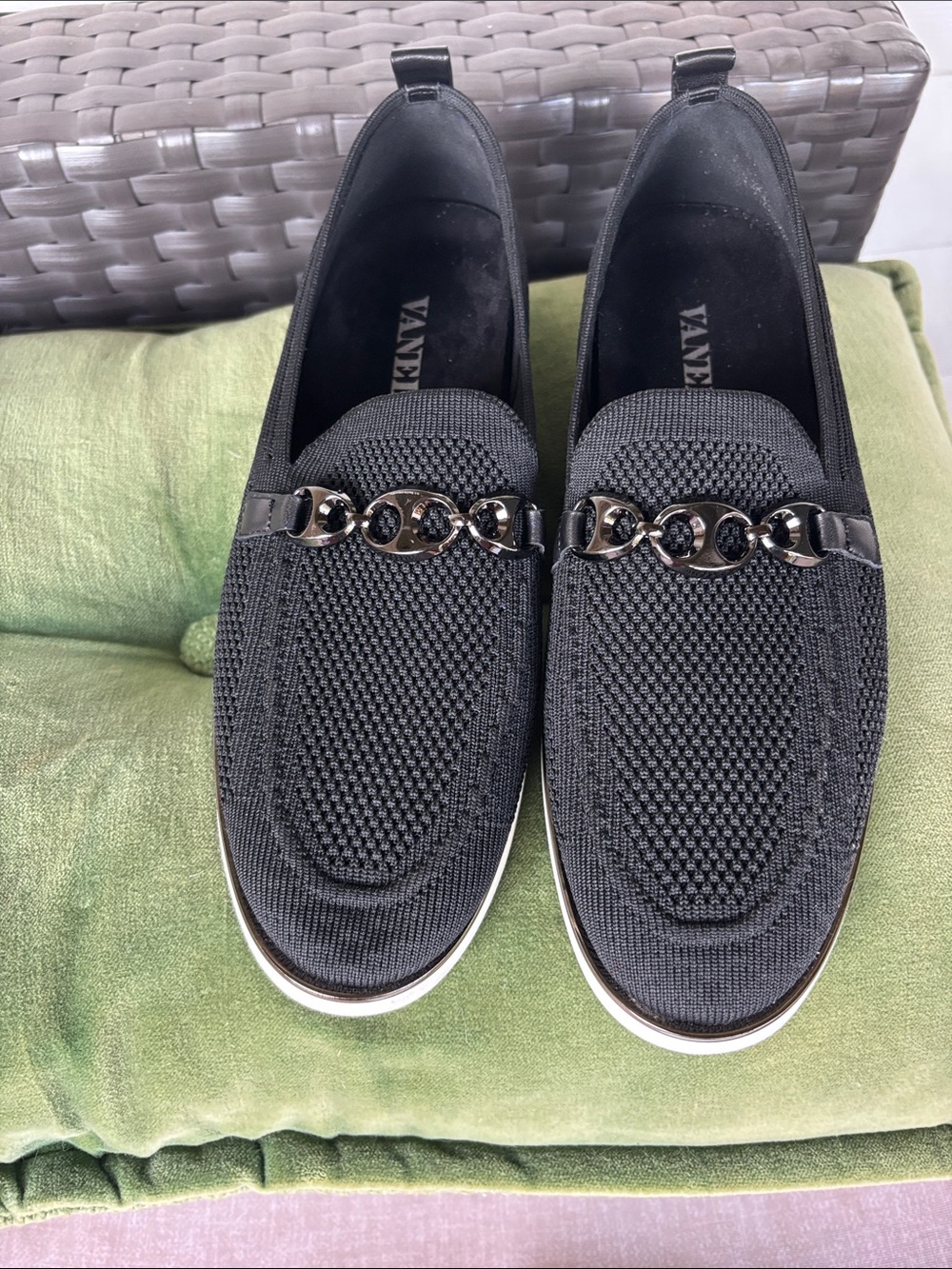 Vaneli Black Knit Slip-On Loafers with Chain Detail
